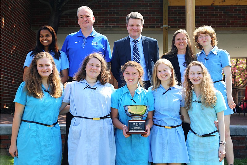 Members and coaches of the GPS Tennessee High School Mock Trial state championship team are from front left, Lauren Thacker, Katie Day, Abby Grace Kueter, Julia Combs and Reese Miller. Back row, from left, are Manasa Makam, Dr. Steve Harrison, Judge Brian House, Tammy Combs and Isis Cantrell. Photo by Pamela Hammonds contributed by GPS.