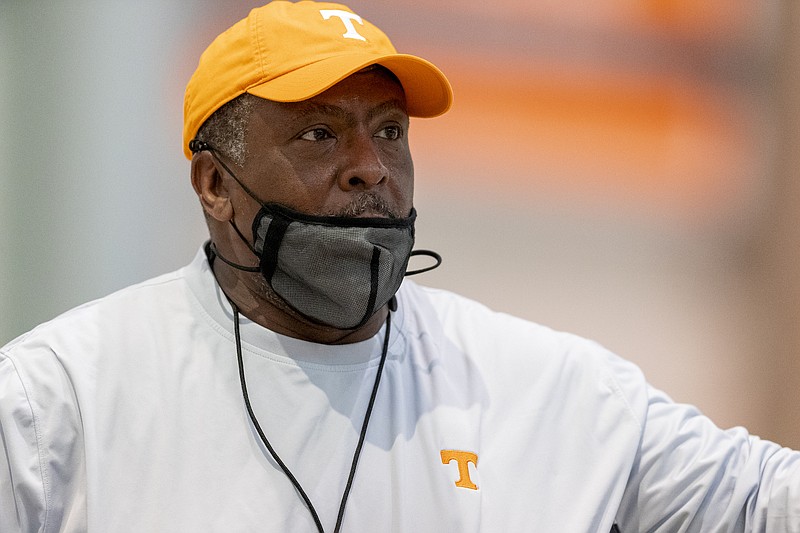 Tennessee Athletics photo by Andrew Ferguson / Tennessee defensive line coach Rodney Garner watches his players during an indoor practice earlier this spring.