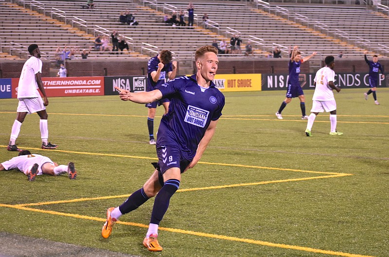 Staff photo by Patrick MacCoon / Chattanooga FC's Markus Naglestad celebrates his goal in the first half of Tuesday's home game against LA Force to begin the NISA Legends Cup at Finley Stadium.