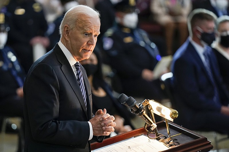 President Joe Biden speaks during a ceremony to honor slain U.S. Capitol Police officer William "Billy" Evans as he lies in honor at the Capitol in Washington, Tuesday, April 13, 2021. (AP Photo/J. Scott Applewhite, Pool)

