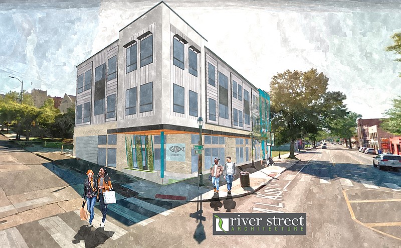 Rendering by River Street Architecture / A three-story, 12,000-square-foot building is slated to go up at 401 E. M.L. King Blvd. A Slim & Husky's pizzeria will anchor the project, which also will hold office space.