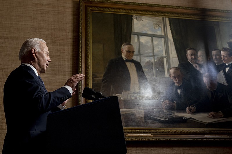 Photo by Andrew Harnik, pool, via The Associated Press / President Joe Biden speaks from the Treaty Room in the White House on Wednesday, April 14, 2021, about the withdrawal of the remainder of U.S. troops from Afghanistan.