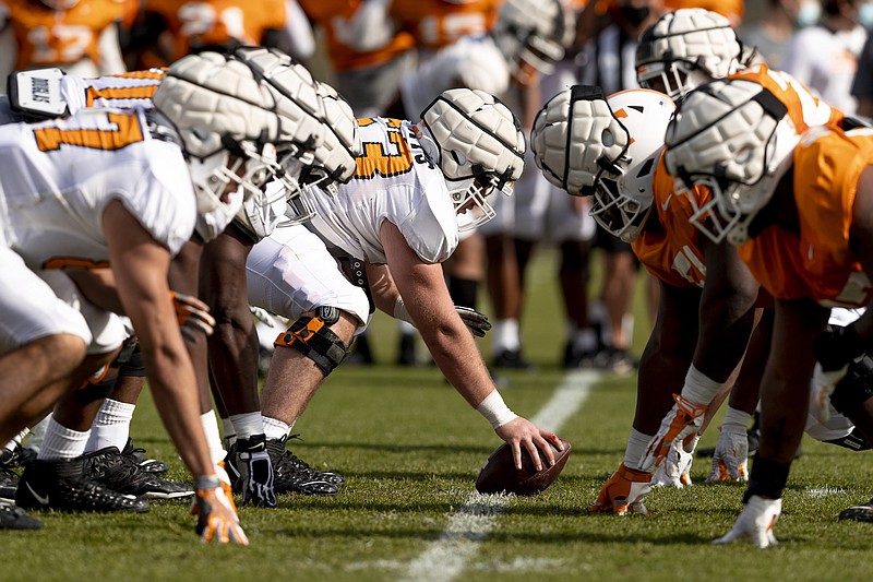 Tennessee Athletics photo by Andrew Ferguson / Tennessee sophomore center Cooper Mays anchors the offensive line during a practice earlier this spring.