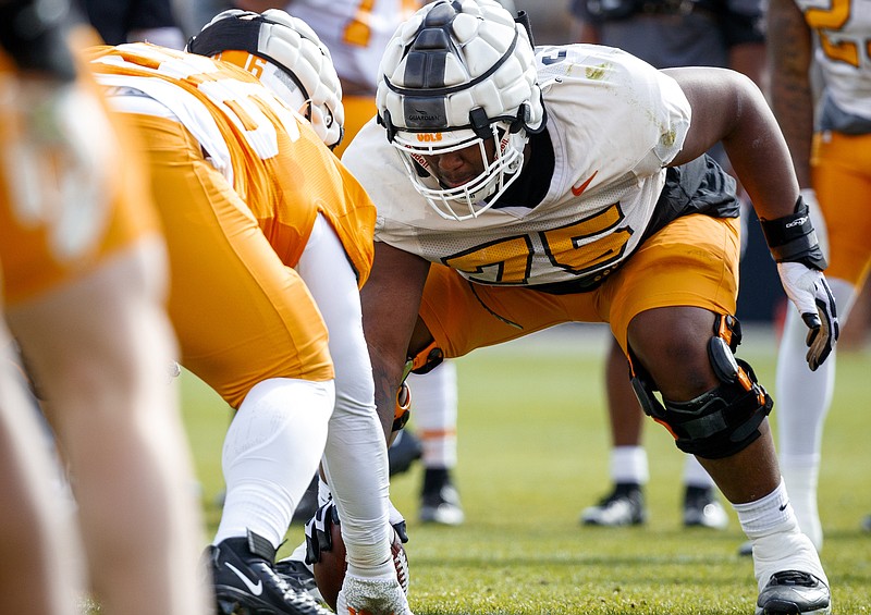 Tennessee Athletics photo by Kate Luffman / Tennessee senior offensive lineman Jerome Carvin, who has played primarily guard for the Volunteers, gets in some work earlier this month at center.