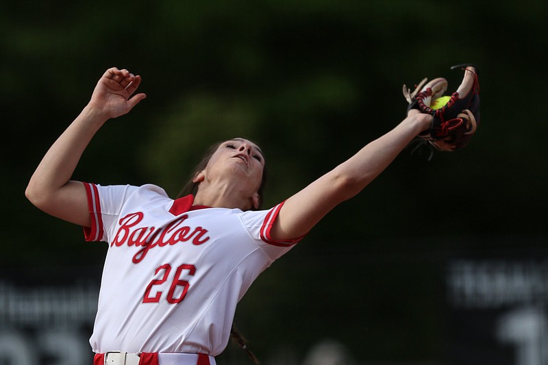 Staff photo by Troy Stolt / Baylor's Raven Jones catches a pop fly during Thursday's home game against Silverdale Baptist Academy. Baylor scored all of its runs in the fifth inning to rally for a 6-1 victory and improve to 14-0.