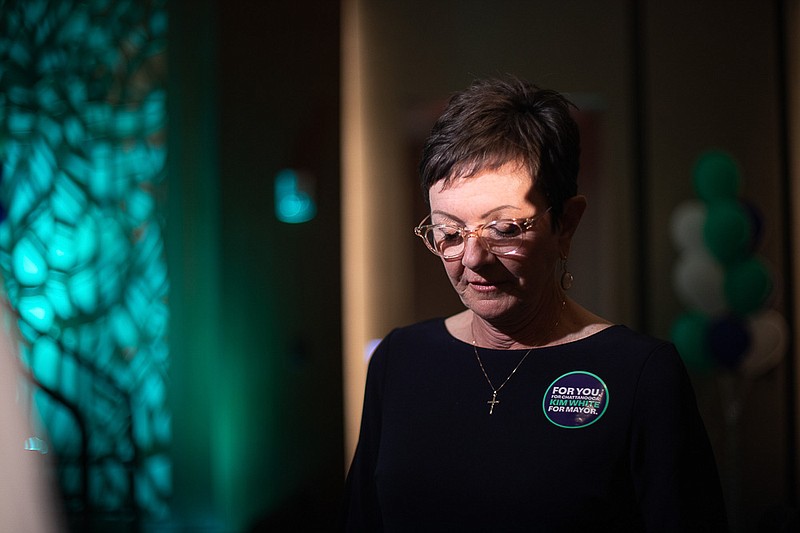 Staff photo by Troy Stolt / Chattanooga Mayoral candidate Kim White speaks to the media after conceding the election to Tim Kelly in the ballroom of the Westin Hotel on Tuesday, April 13, 2021 in Chattanooga, Tenn.