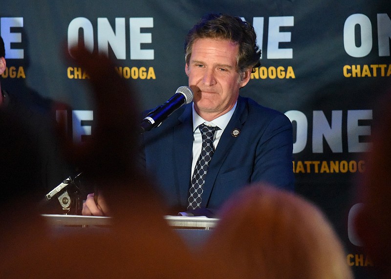 Staff Photo by Matt Hamilton / Mayor-elect Tim Kelly pauses during his victory speech as the crowd cheers at the Chattanooga Brewing Co. on Tuesday, April 13, 2021.