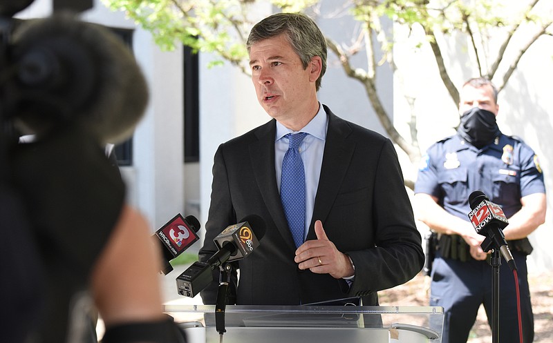 Staff Photo by Matt Hamilton / Mayor Andy Berke speaks at the Chattanooga Police Services Center on Thursday, April 15, 2021.