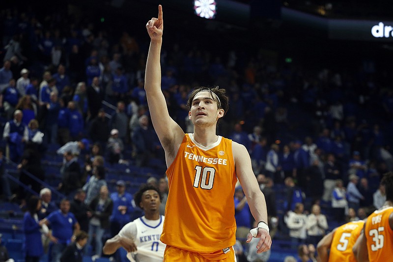 AP photo by James Crisp / Tennessee's John Fulkerson points to the stands after scoring 27 points to help the Vols defeat Kentucky 81-73 on March 3, 2020, in Lexington, Ky.