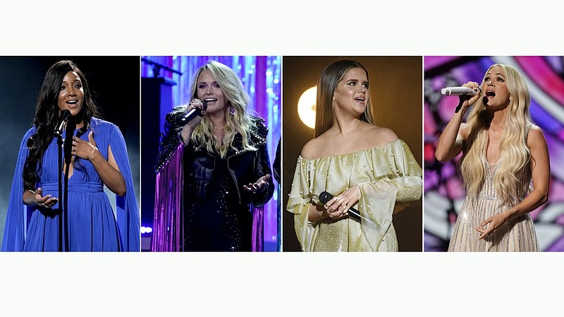 This combination photo shows Mickey Guyton, from left, Miranda Lambert, Maren Morris and Carrie Underwood performing at the 56th annual Academy of Country Music Awards in Nashville, Tenn. The awards show aired on April 18 with both live and prerecorded segments. Underwood brought the Academy of Country Music Awards to church. Morris won two honors, including song of the year, Lambert performed three times and held onto her record as the most decorated winner in ACM history and Guyton, the first Black woman to host the awards show, gave a powerful, top-notch vocal performance. (AP Photo)