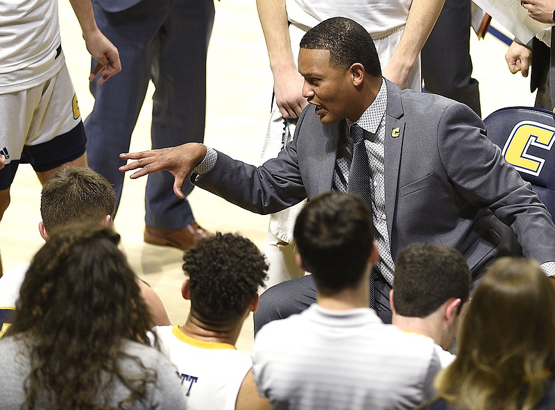 Staff Photo by Robin Rudd/  UTC head coach Lamont Paris instructs the Mocs during a timeout.  The University of Tennessee Mocs hosted the Wofford Terriers in Southern Conference basketball at McKenzie Arena on January 14, 2020.  