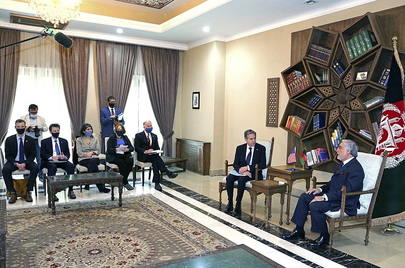 Photo by Sapidar Palace via The Associated Press / Abdullah Abdullah, chairman of the High Council for National Reconciliation, right, meets with U.S. Secretary of State Antony Blinken, left, and their delegations, at the Sapidar Palace in Kabul, Afghanistan on Thursday, April 15, 2021. Blinken made an unannounced visit to Afghanistan to sell Afghan leaders and a wary public on President Joe Biden's decision to withdraw all American troops from the country and end America's longest-running war.