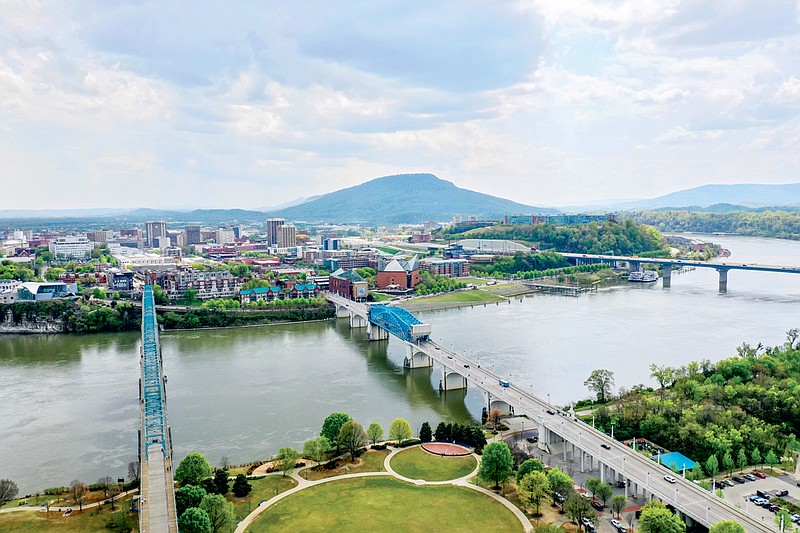 Photography by Skip Skipper/148 Films / Downtown Chattanooga is seen from the air above Coolidge Park on Chattanooga's North Shore.