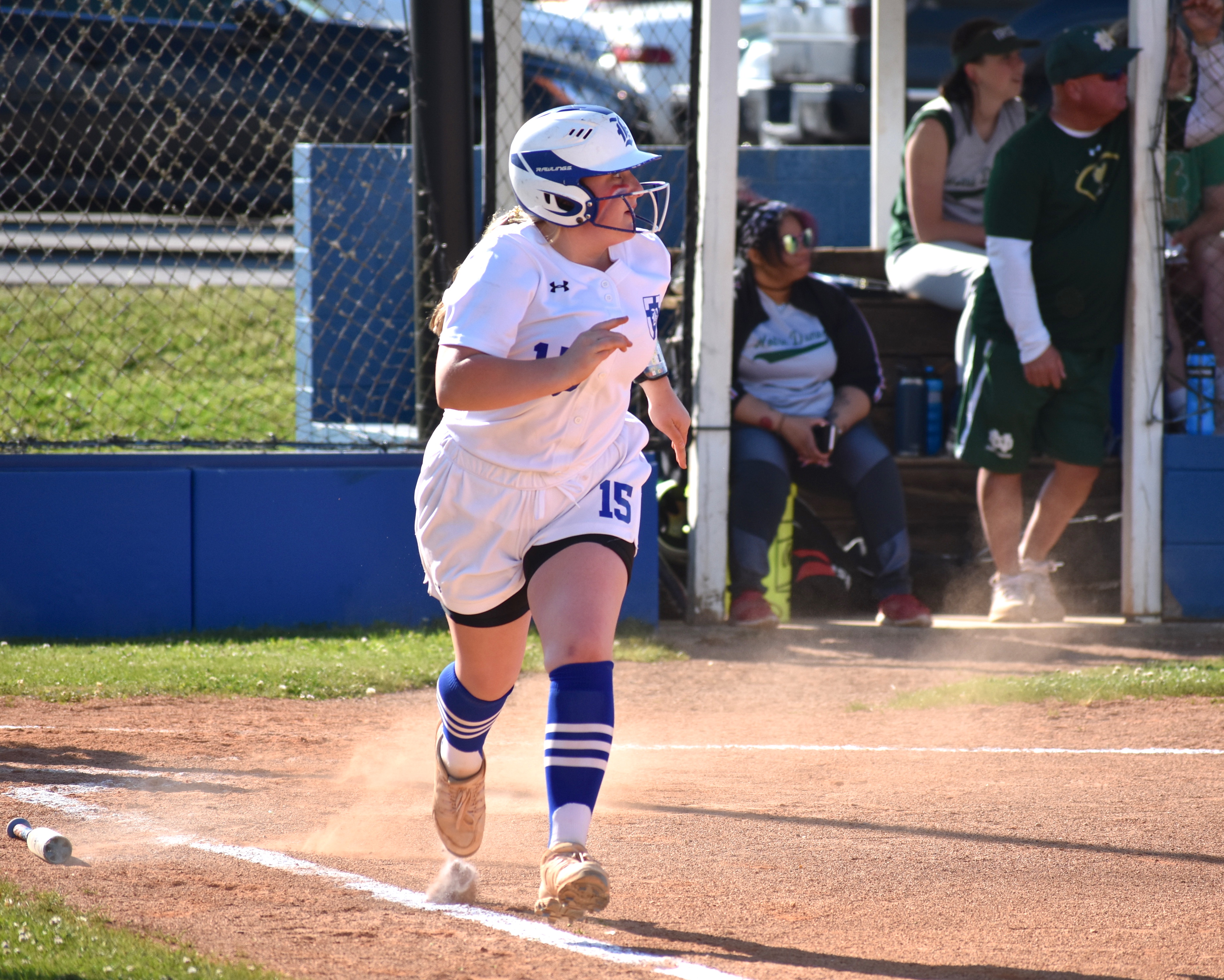 Staff photo by Patrick MacCoon / Boyd Buchanan freshman Gracie Petty watches her grand slam fly out of the park against Notre Dame at home on Tuesday.