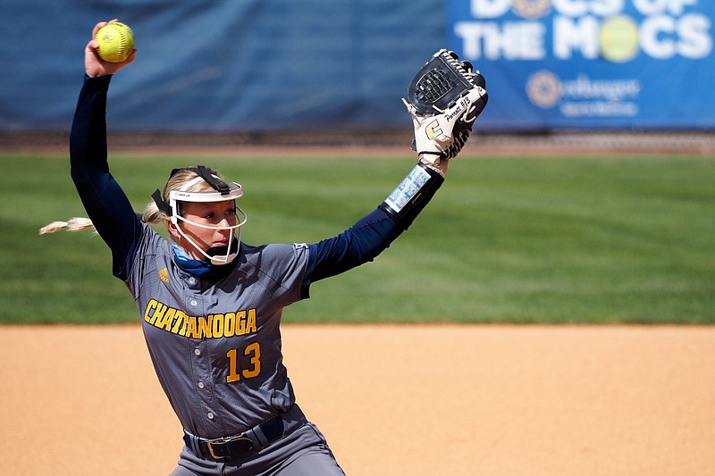 Staff photo by C.B. Schmelter / UTC's Brooke Parrott (13) pitches against Auburn in the top of the first inning at Frost Stadium on Wednesday, April 21, 2021 in Chattanooga, Tenn.