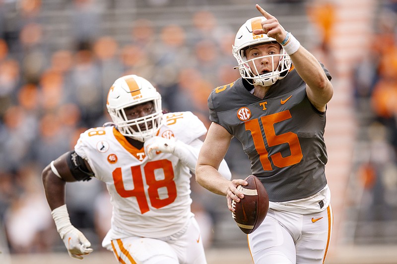 Tennessee Athletics photo / Tennessee sophomore quarterback Harrison Bailey (15) completed 12 of 16 passes for 260 yards and four touchdowns during Saturday's Orange & White game inside Neyland Stadium.