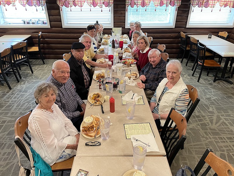 Members of the Red Bank High School Class of 1955 and spouses gather for their monthly lunch at the Rib & Loin restaurant in Hixson earlier this month. Photo by Mark Kennedy