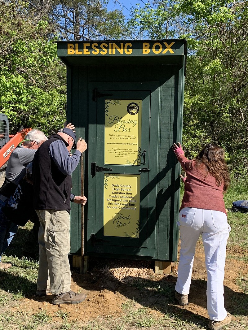 Contributed photo by Alliance for Dade / The "Alliance Blessing Box," built by Dade County High School's construction trade class, is set up on Lookout Mountain by volunteers.