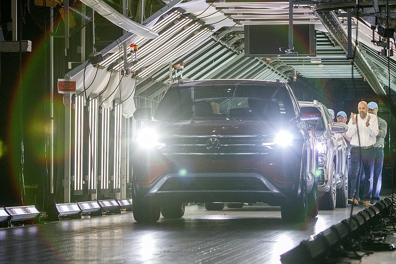 Staff file photo by C.B. Schmelter / Two Atlas Cross Sport SUVs are driven off the assembly at the Volkswagen assembly plant. The Cross Sport helped the Atlas family have its best first quarter ever in U.S. sales earlier this year.