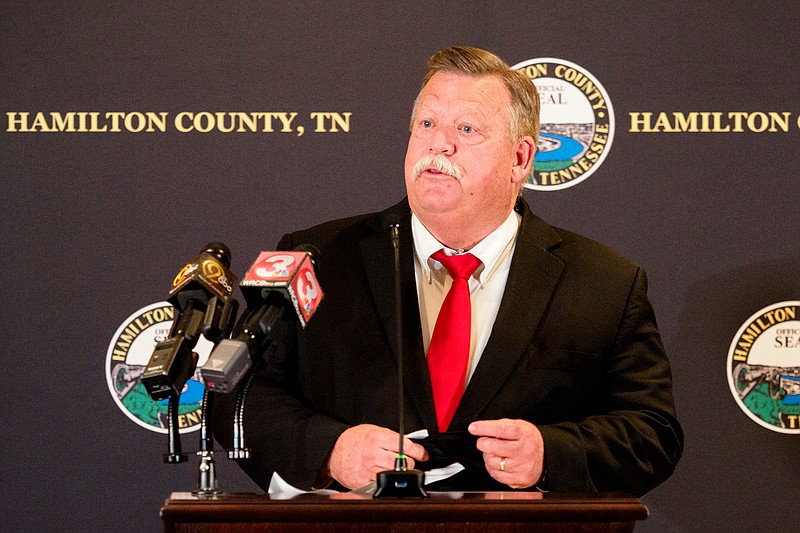 Staff Photo By C.B. Schmelter / Hamilton County Mayor Jim Coppinger speaks during a March news conference at the Hamilton County Health Department to say the mask mandate will be extended one more month but will expire in late April.