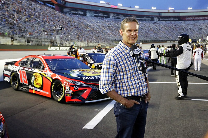 Tennessee Gov. Bill Lee gives the command for drivers to start their engines at the NASCAR All-Star auto race at Bristol Motor Speedway in Bristol, Tenn, Wednesday, July 15, 2020. (AP Photo/Mark Humphrey)