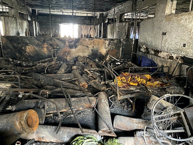 The intensive care unit at the Ibn al-Khatib hospital is damaged following a fire that broke out last Saturday evening killing over 80 people and injuring over 100, in Baghdad, Iraq, Tuesday, April 27, 2021. Medical staff who witnessed the first moments of a Baghdad hospital fire described horrific scenes: deafening screams, a patient who jumped to his death to escape the inferno and relatives who died because they refused to abandon coronavirus patients tethered to ventilators. (AP Photo/Khalid Mohammed)


