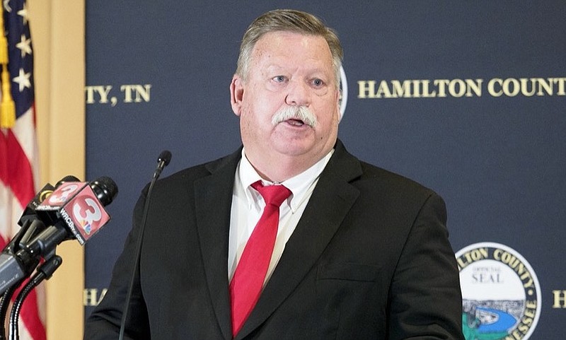 Staff photo by C.B. Schmelter / Hamilton County Mayor Jim Coppinger speaks during a press conference at the Hamilton County Health Department's Golley Auditorium on Monday, March 29, 2021 in Chattanooga, Tenn.
