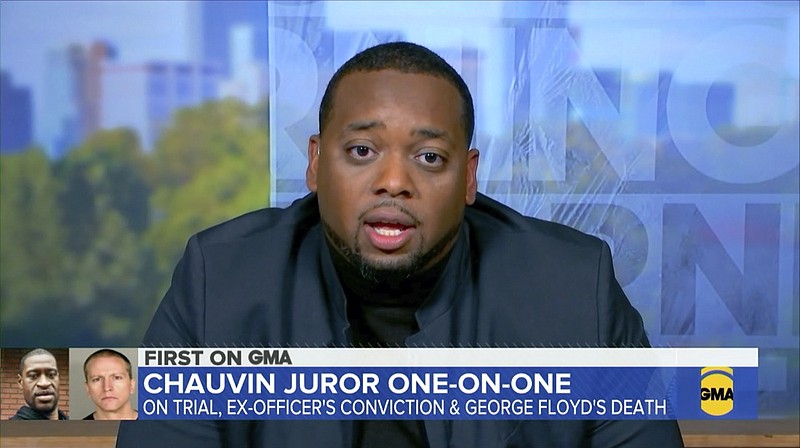 In this image from video provided by ABC News/Good Morning America, Brandon Mitchell, a juror who cast one of the unanimous votes to convict a white former Minneapolis police officer of killing George Floyd shared his experiences of being on the jury during the trial and deliberations on Wednesday, April 28, 2021. Mitchell is the first juror that deliberated in Derek Chauvin's trial to talk publicly. (ABC News/Good Morning America via AP)