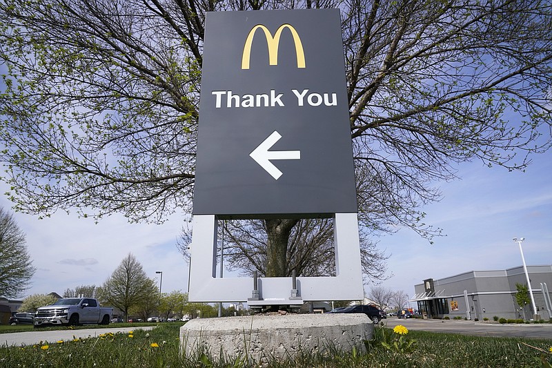 A thank you sign sits in front of a McDonald's restaurant, Tuesday, April 27, 2021, in Waukee, Iowa. The burger giant said Thursday, April 29 its first quarter sales surpassed even those in 2019, led by a big jump in U.S. demand. (AP Photo/Charlie Neibergall)