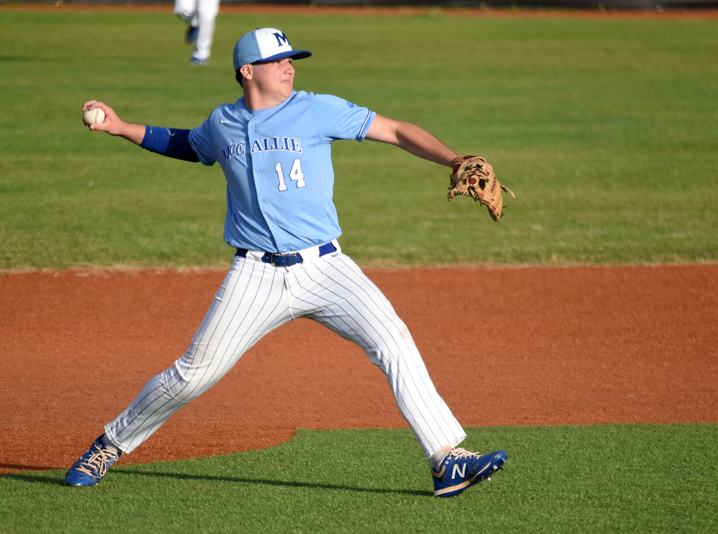 Staff Photo by Matt Hamilton / McCallie (14) Hogan Jones fires a throw across the diamond for an out on Friday, April 30, 2021 at the McCallie School.