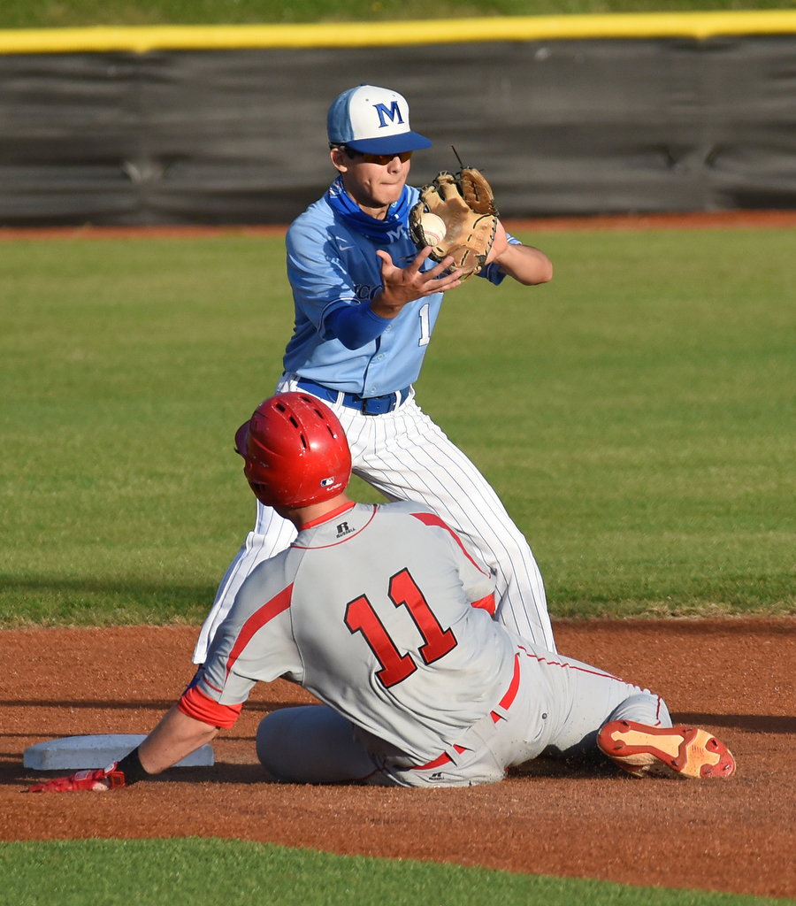 Staff Photo by Matt Hamilton / McCallie (1) Sebastian Leinberger makes the tag at second for the out on Ooltewah (11) Harrison Mills on Friday, April 30, 2021 at the McCallie School.