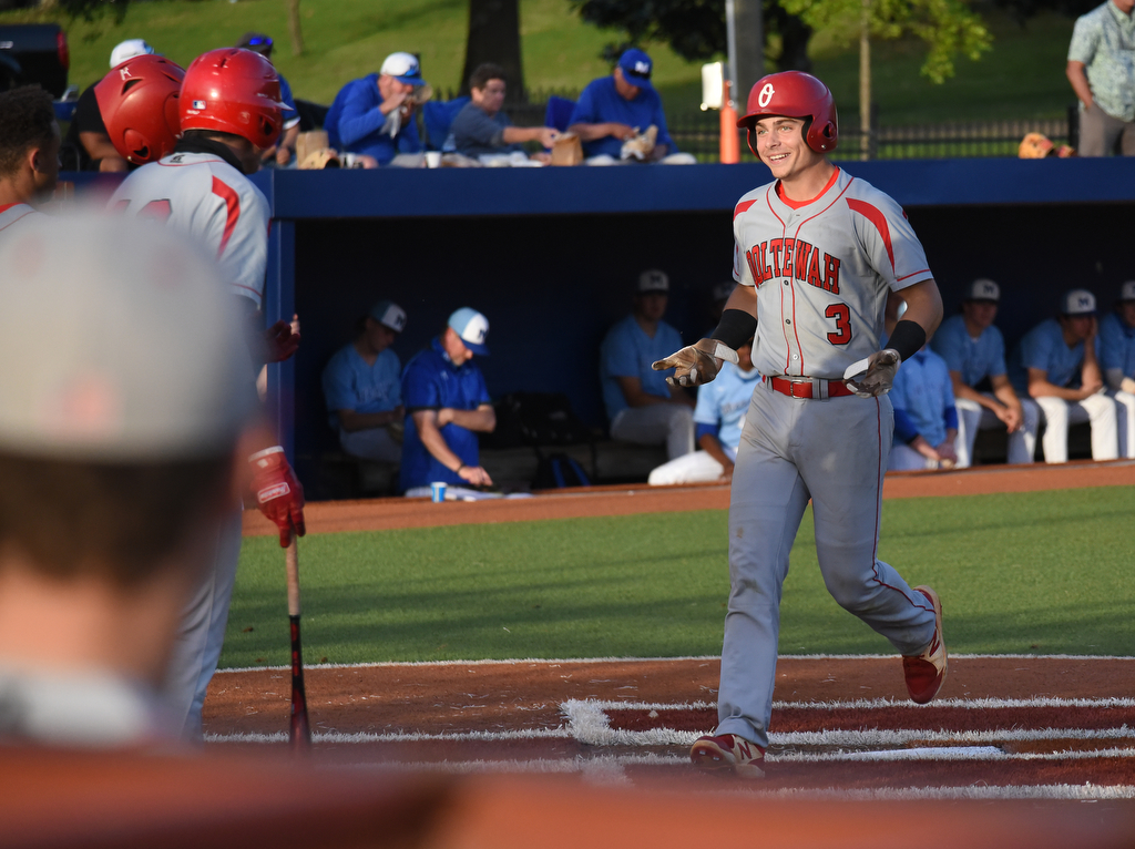 Staff Photo by Matt Hamilton / Ooltewah (3) Fisher Perry crosses home plate after hitting a home run on Friday, April 30, 2021 at the McCallie School.
