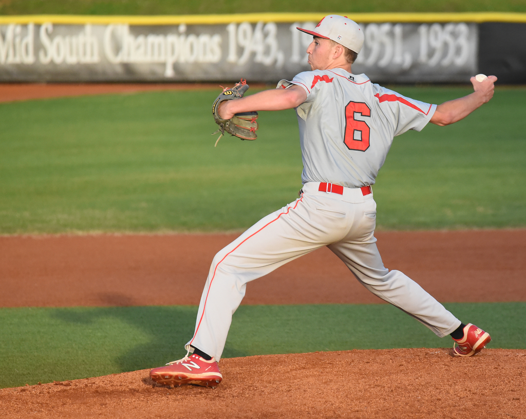 Staff Photo by Matt Hamilton / Ooltewah (6) Eli Smith fires a pitch on Friday, April 30, 2021 at the McCallie School.