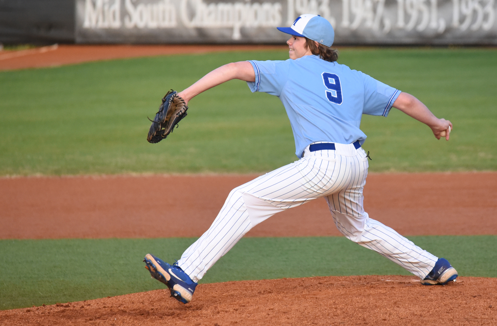 Staff Photo by Matt Hamilton / McCallie (9) Brock Ragsdale pitches in relief on Friday, April 30, 2021 at the McCallie School.