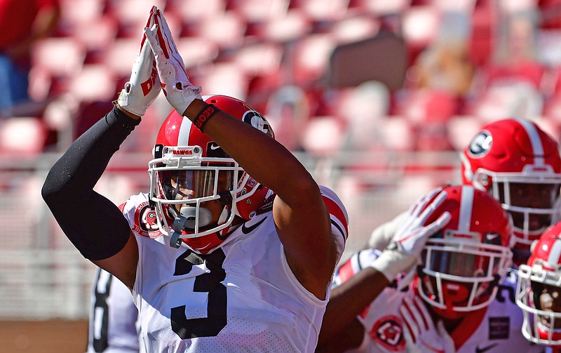 Georgia cornerback Tyson Campbell, shown celebrating a safety during last season's win at Arkansas, was the first pick of Friday night's second round of the NFL draft, getting selected by the Jacksonville Jaguars.