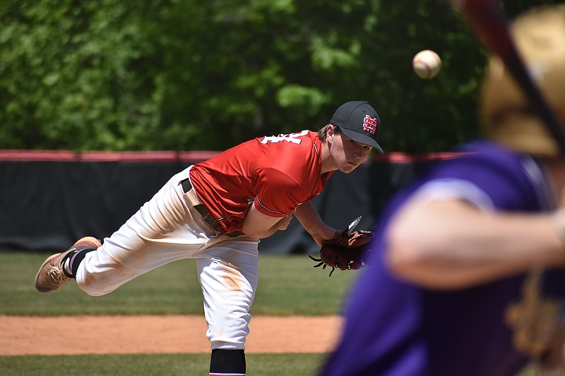 Staff photo by Patrick MacCoon / Signal Mountain senior Sam Witherspoon delivers a pitch in the seventh inning during Saturday's 6-4 home victory against Sequatchie County.