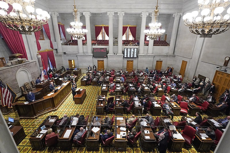 Members of the Tennessee House debate a bill allowing most adults to carry handguns without obtaining a permit Monday, March 29, 2021, in Nashville, Tenn. The bill passed the House, 64-29, and can now be signed into law by Gov. Bill Lee. (AP Photo/Mark Humphrey)