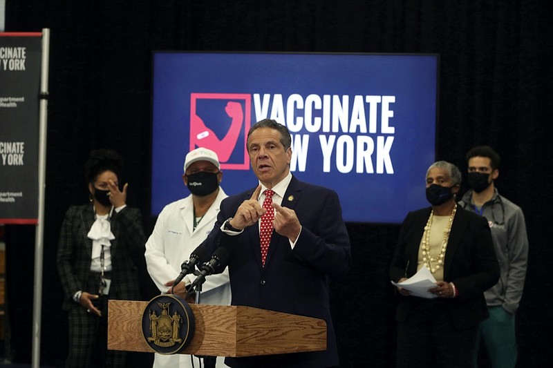 New York Governor Andrew Cuomo holds a press briefing on the coronavirus pandemic and urged people who are young and or hesitant to get vaccinated at the Belle Center, in Buffalo, N.Y., Thursday, April 29, 2021. (John Hickey/The Buffalo News via AP)

