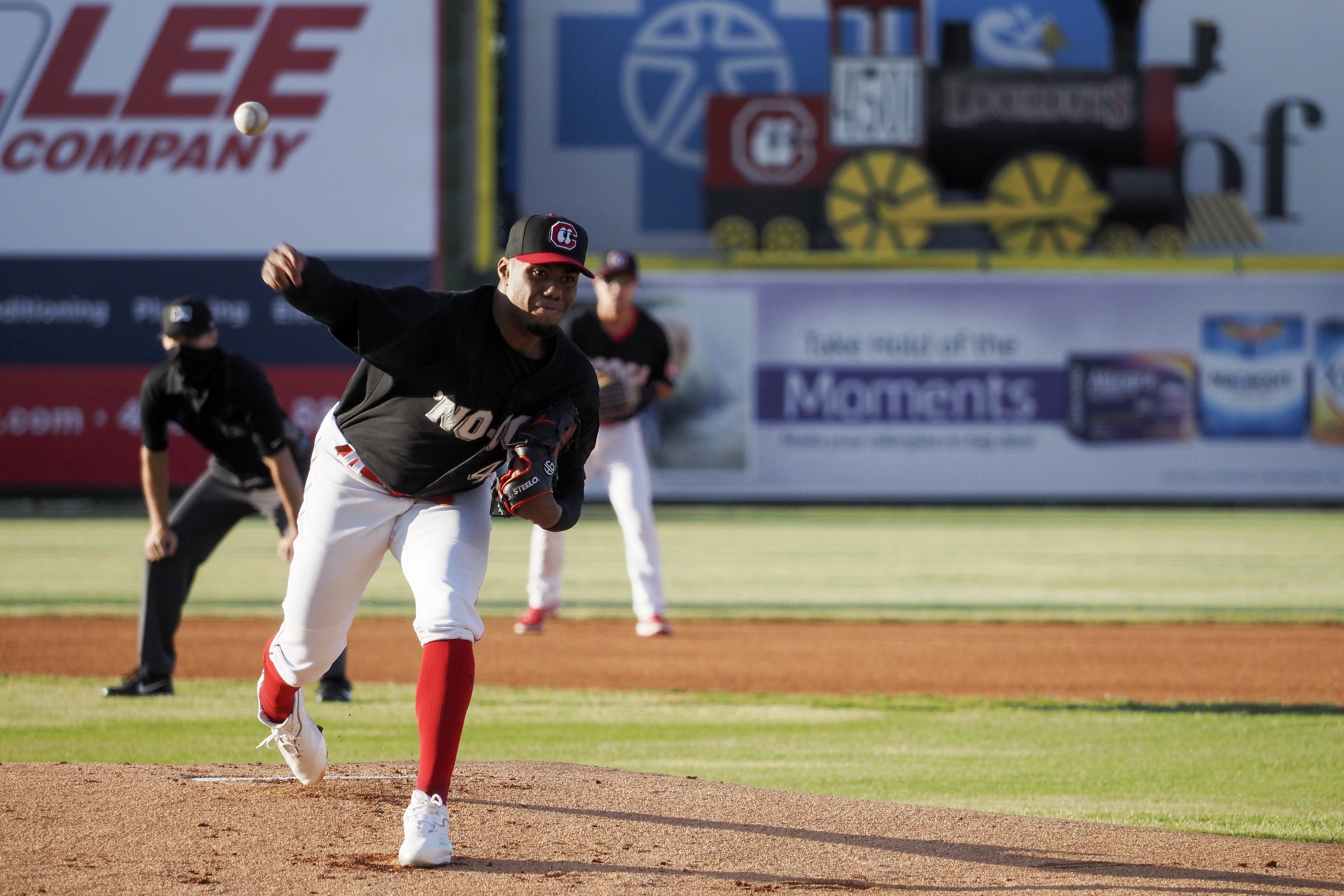 Staff photo by C.B. Schmelter / Chattanooga Lookouts starter Hunter Greene pitches against the Rocket City Trash Pandas at AT&T Field on Wednesday night. Greene had 37 pitches that were clocked at 100 mph or faster during his five-inning start as the Lookouts won 6-1.