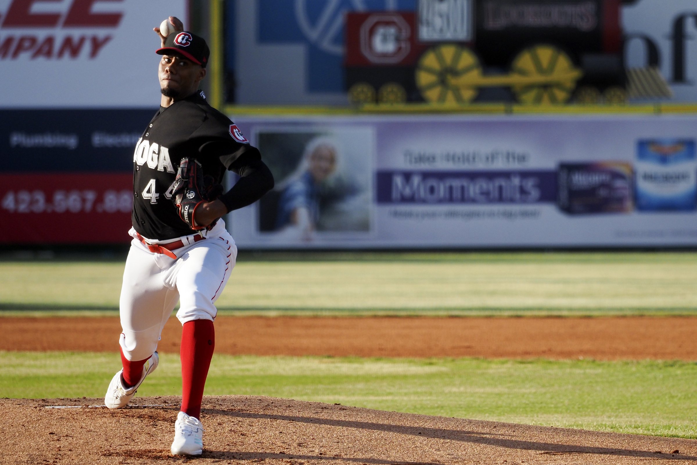 Staff photo by C.B. Schmelter / Chattanooga Lookouts pitcher Hunter Greene (44) pitches against the Rocket City Trash Pandas at AT&T Field on Wednesday, May 5, 2021 in Chattanooga, Tenn. After having their 2020 season cancelled due to the coronavirus pandemic, and having their opening day game postponed due to weather the previous day, the Chattanooga Lookouts hosted the River City Trash Pandas for their first home game in over 600 days.