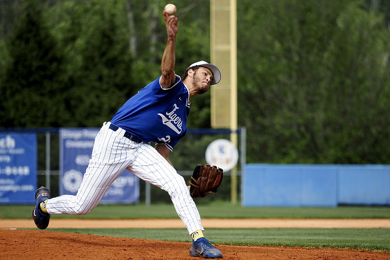 Staff photo by C.B. Schmelter / Ringgold's Kenyon Ransom pitches against Sandy Creek during a GHSA Class AAA playoff matchup Wednesday in Ringgold, Ga. The host Tigers won 6-5 and 3-0 to sweep the best-of-three series and advance to next week's quarterfinals.