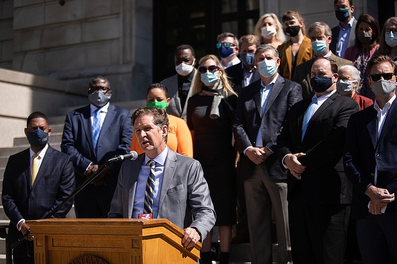 Staff photo by Troy Stolt / Chattanooga Mayor Tim Kelly speaks during a press conference to announce the CEO Pledge for Racial Equity at City Hall on Thursday, May 6, 2021. Prominent Chattanooga business leaders, members of the Chamber of Commerce, faith leaders, and members of the city government attended the conference in support.