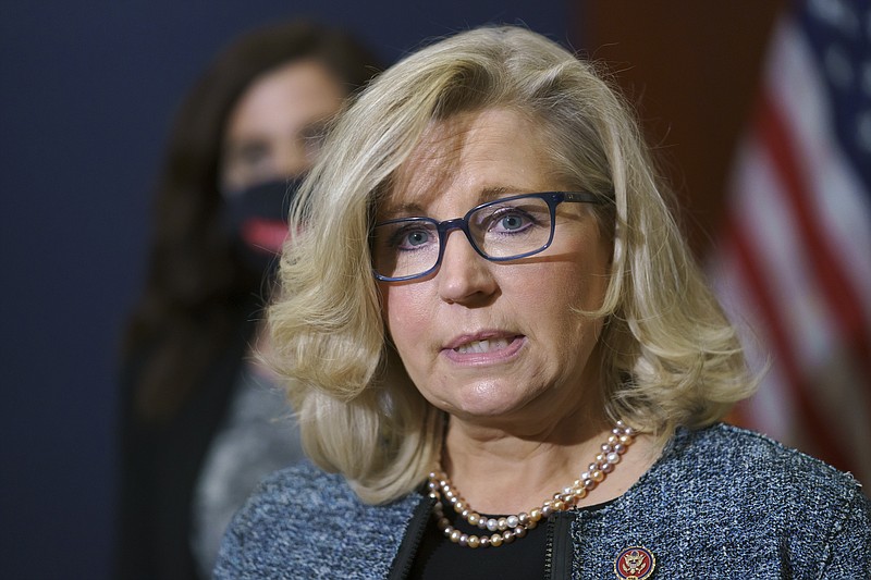 AP Photo by J. Scott Applewhite / Rep. Liz Cheney, R-Wyoming, the House Republican Conference chair, speaks with reporters following a GOP strategy session on Capitol Hill in Washington last month.