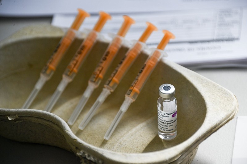 FILE - In this Sunday, March 21, 2021 file photo a vial and syringes of the AstraZeneca COVID-19 vaccine, at the Guru Nanak Gurdwara Sikh temple, in Luton, England. (AP Photo/Alberto Pezzali, File)


