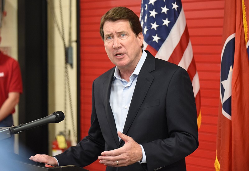 Staff Photo by Matt Hamilton / U.S. Sen. Bill Hagerty, R-Tenn., speaks during a news conference after a tour at the Chickamauga Lock in Chattanooga on Tuesday, May 4, 2021.