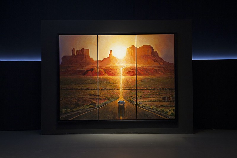 This picture provided and painted by Bob Dylan in 2019 in called "Sunset, Monumet, Valley". The largest collection of Bob Dylan's artwork ever seen will go on display later this year in the U.S. "Retrospectum" spans six decades of Dylan's art, featuring more than 120 of the artist's paintings, drawings and sculptures. Building on the original "Retrospectum" exhibition that premiered in Shanghai, China, in 2019, the new version will include new, never-before-seen pieces and additional artworks from a brand-new series called "American Pastoral." (Bob Dylan via AP)