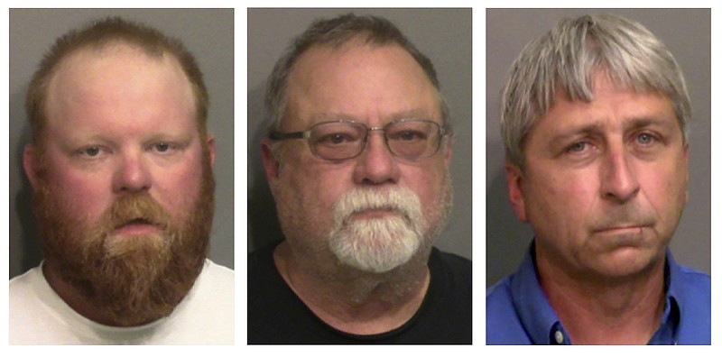 This combo of booking photos provided by the Glynn County, Ga., Detention Center, shows from left, Travis McMichael, his father Gregory McMichael, and William "Roddie" Bryan Jr. The Justice Department announced federal hate crime charges against the three men Wednesday, April 28,2021, in the death of Ahmaud Arbery, a Georgia man who was killed while out for a run last year. All three are charged with one count of interference with civil rights and attempted kidnapping. The McMichaels are also charged with using, carrying and brandishing a firearm during a crime of violence.(Glynn County Detention Center via AP)