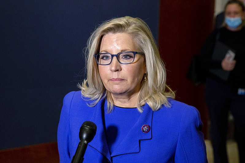 Rep. Liz Cheney, R-Wyo., speaks to reporters after House Republicans voted to oust her from her leadership post as chair of the House Republican Conference because of her repeated criticism of former President Donald Trump for his false claims of election fraud and his role in instigating the Jan. 6 U.S. Capitol attack, at the Capitol in Washington, Wednesday, May 12, 2021. (AP Photo/Amanda Andrade-Rhoades)