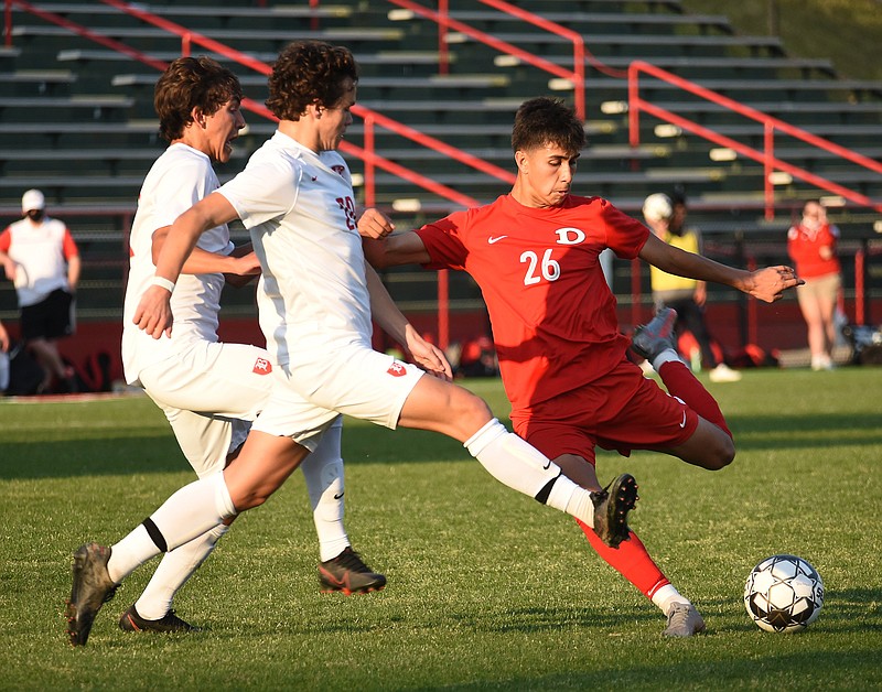 Staff photo by Matt Hamilton / Dalton's Yahir Paez (26) shoots during a home match against Baylor on April 6. The Catamounts will be seeking their sixth state title in boys' soccer when they face Johns Creek in the GHSA Class AAAAAA final Friday night at McEeachern High School in Powder Springs, Ga.