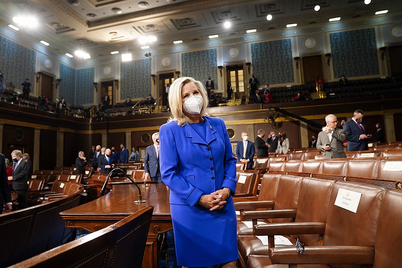 AP file photo / Rep. Liz Cheney, R-Wyoming, arrives in the House chamber of the U.S. Captiol to await President Joe Biden's address to the joint session of Congress on April 28.